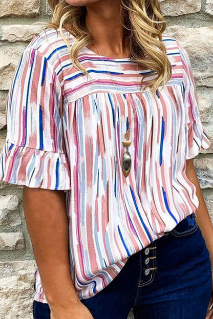 White Stripe Ruffled Short Sleeve Plus Size Blouse - Eloy Royal