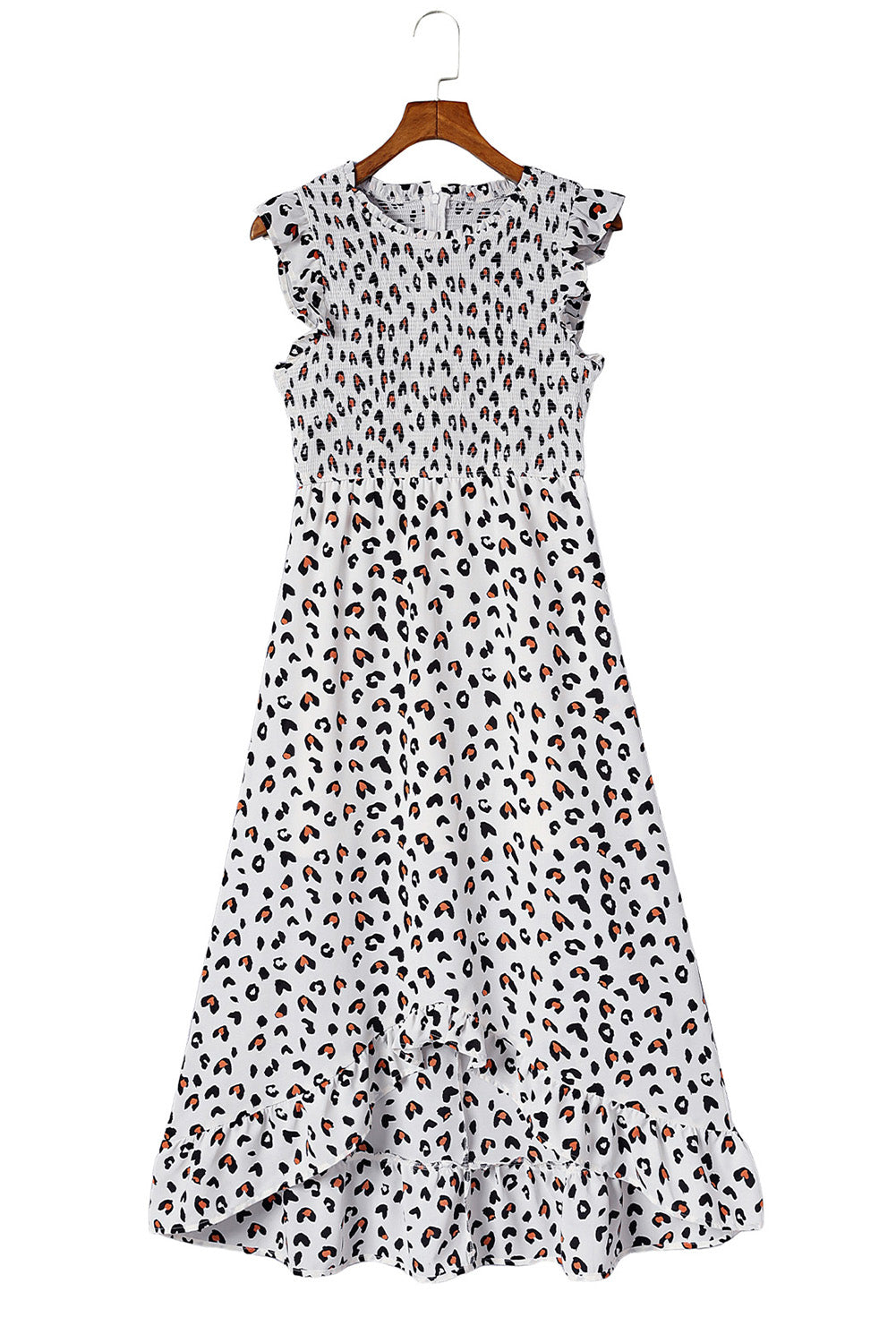 White Smocked Sleeveless High Low Leopard Print Dress - Eloy Royal