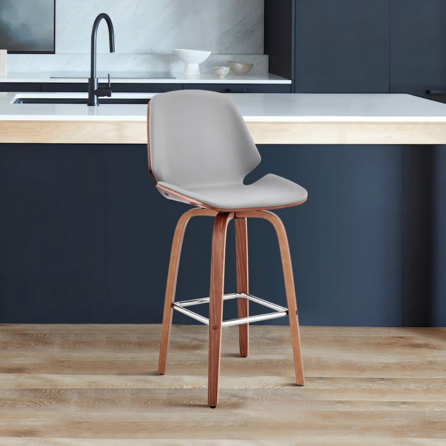 Belora 26' Gray Faux Leather and Walnut Wood Swivel Bar Stool