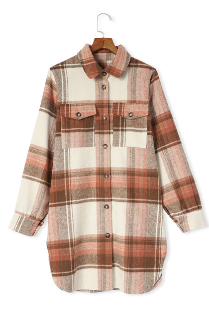 Wholesale Brown Plaid Casual Button Up Flannel Long Shacket with Flap Pockets - Eloy Royal