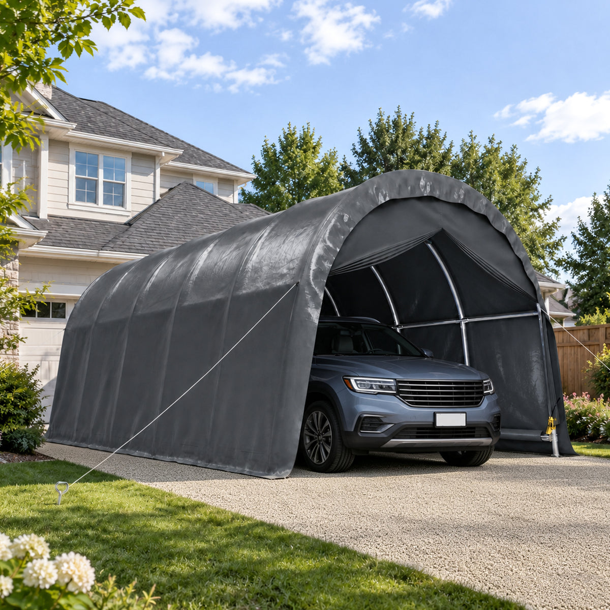 13x20 FT Arched Carport, Heavy Duty Outdoor Garage with Galvanized Steel Frame & 180G PE Tarp, Waterproof & UV Resistant – For Car, SUV, Truck, Boat, Party, Storage