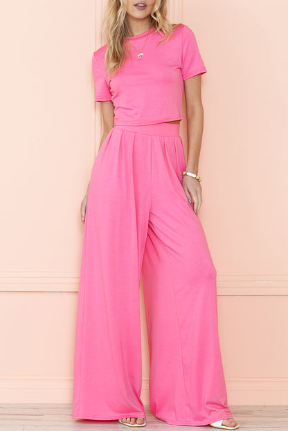 Strawberry Pink Plain Slim Fit Crop Top And Wide Leg Pants Set - Eloy Royal