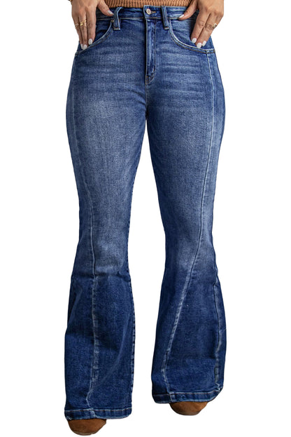 Dark Blue Plus Size Stitching Washed Flare Jeans - Eloy Royal