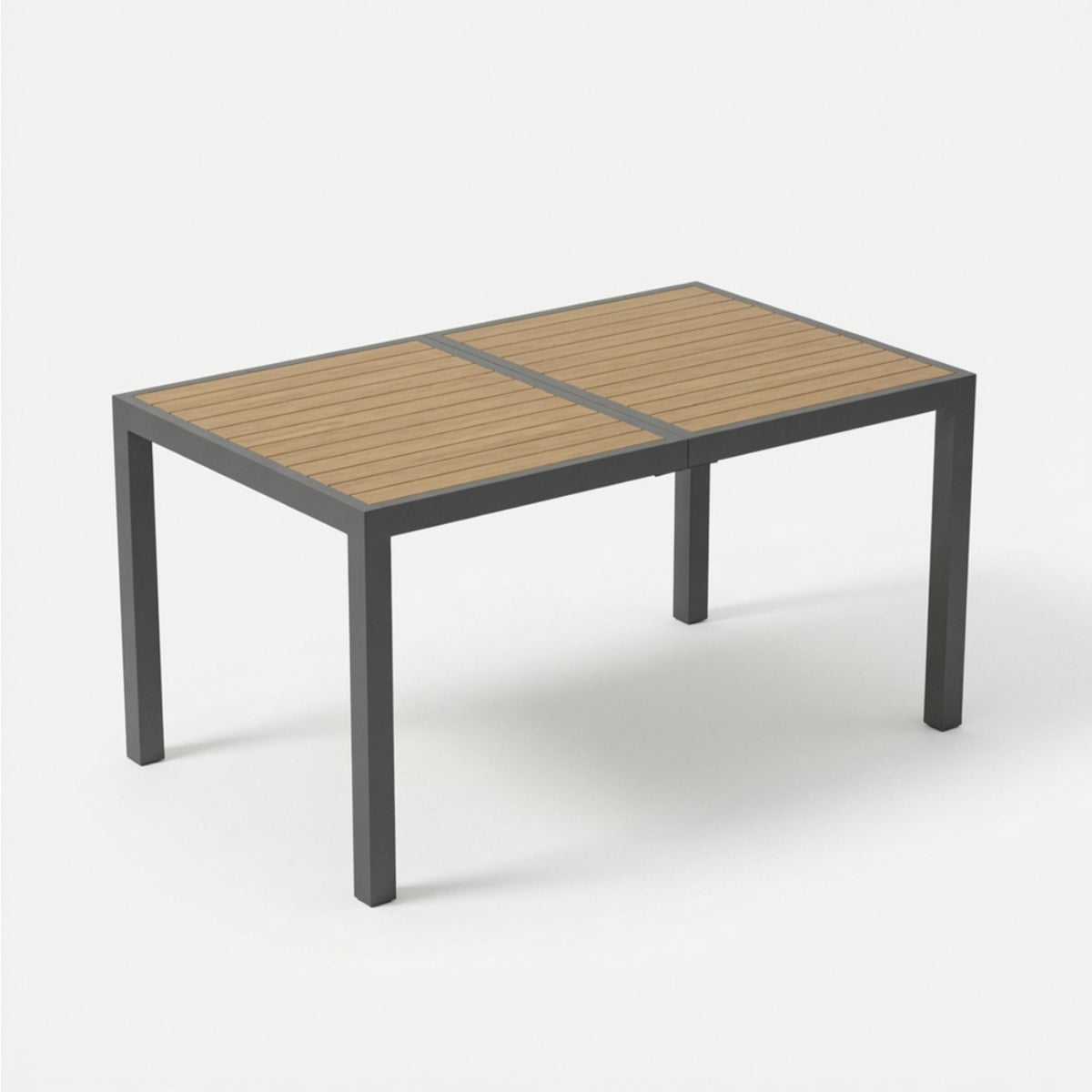 59' Grey Aluminum Rectangle Outdoor Patio Table with HDPS Slatted Top – All-Weather Durable Dining Table in Grey and Wood-Tone Accents