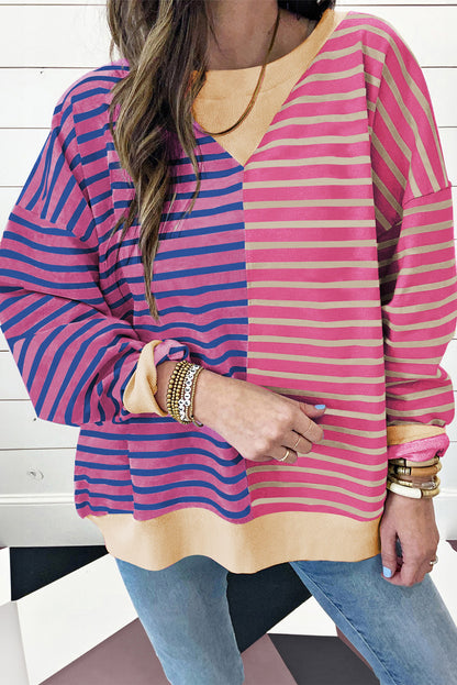 Brown Stripe Colorblock Drop Shoulder Oversize Sweatshirt