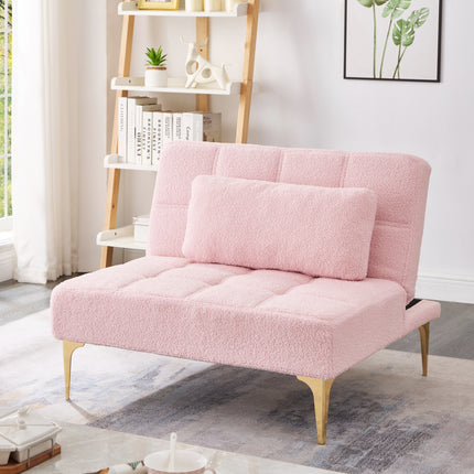 Convertible single sofa bed futon with gold metal legs teddy fabric (Pink)