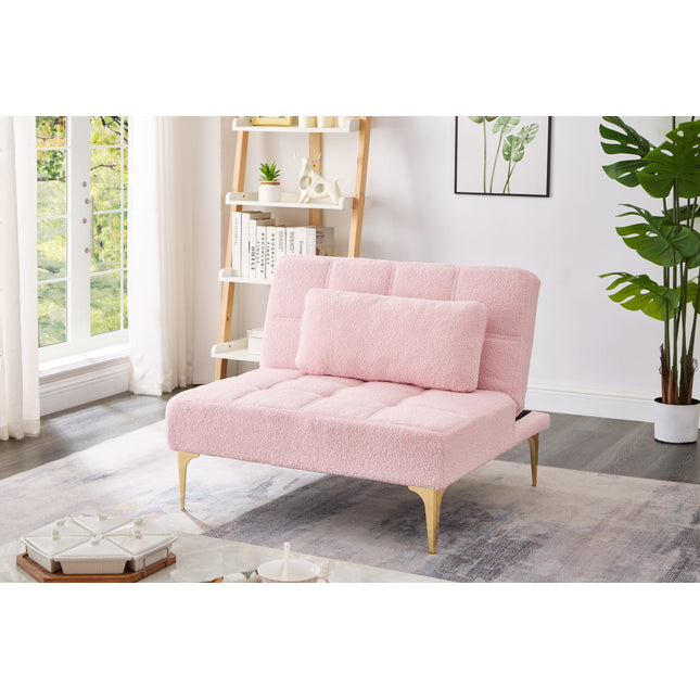 Convertible single sofa bed futon with gold metal legs teddy fabric (Pink)