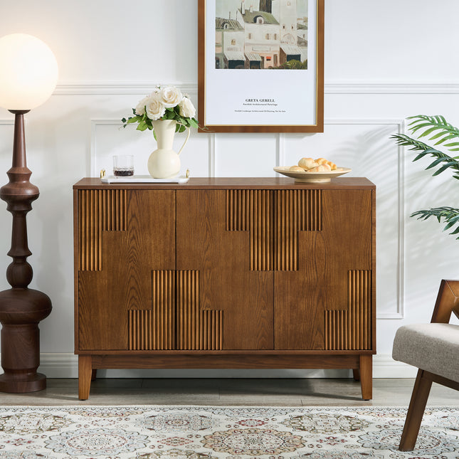 44.3'' Mid Century Modern Buffet Cabinet with Storage, Farmhouse Sideboard with Vertical-stripe Patchwork Design & Adjustable Shelves, TV Stand for Living Room Kitchen Dining Room Entryway, Walnut