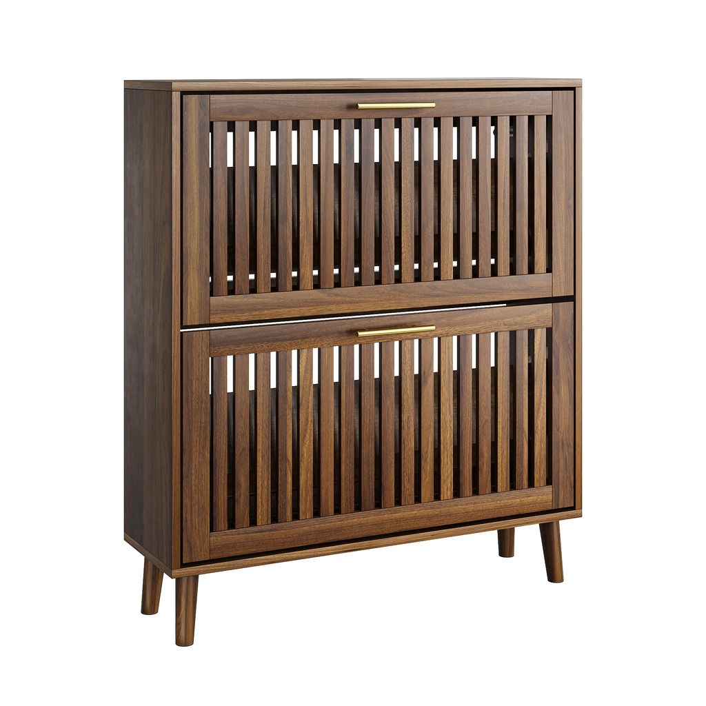 Medieval Modern Walnut Shoe Storage Cabinet With 2 Flip Drawers And Fence Design, 31.5-Inch, Particle Board + MDF