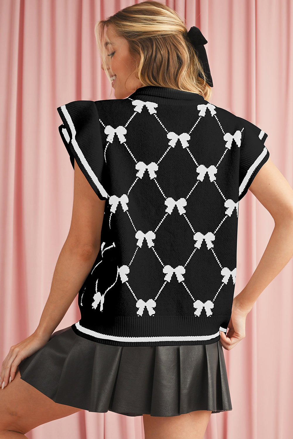 Black Preppy Bow Print Zipped Collar Knit Top