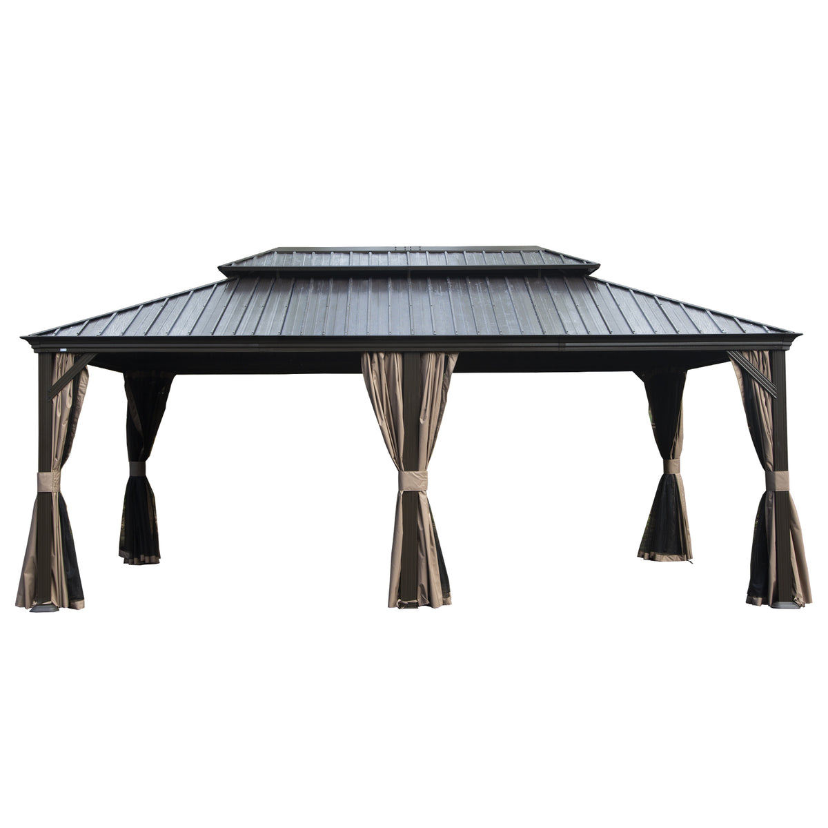 12' X 18' Hardtop Gazebo, Upgraded Metal Gazebo with Drainage System, Dual-Layer Galvanized Steel Roof, Curtain and Netting, Outdoor Shelter Canopy for Patio, Garden, and Backyard, Brown