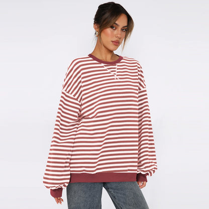 Women's Fashion Round Neck Striped Sweater Loose Bishop Sleeves Top