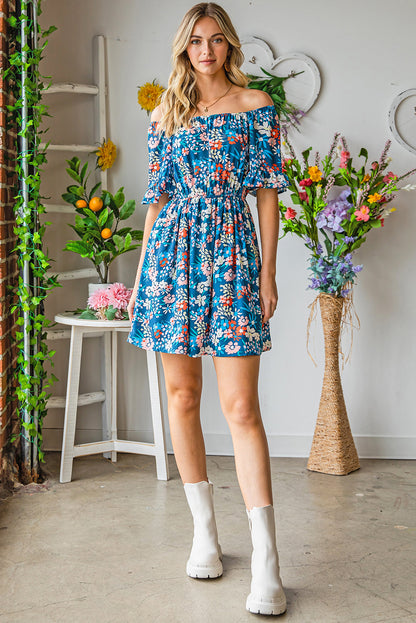 Dark Blue Bohemian Floral Print Off Shoulder Short Dress - Eloy Royal