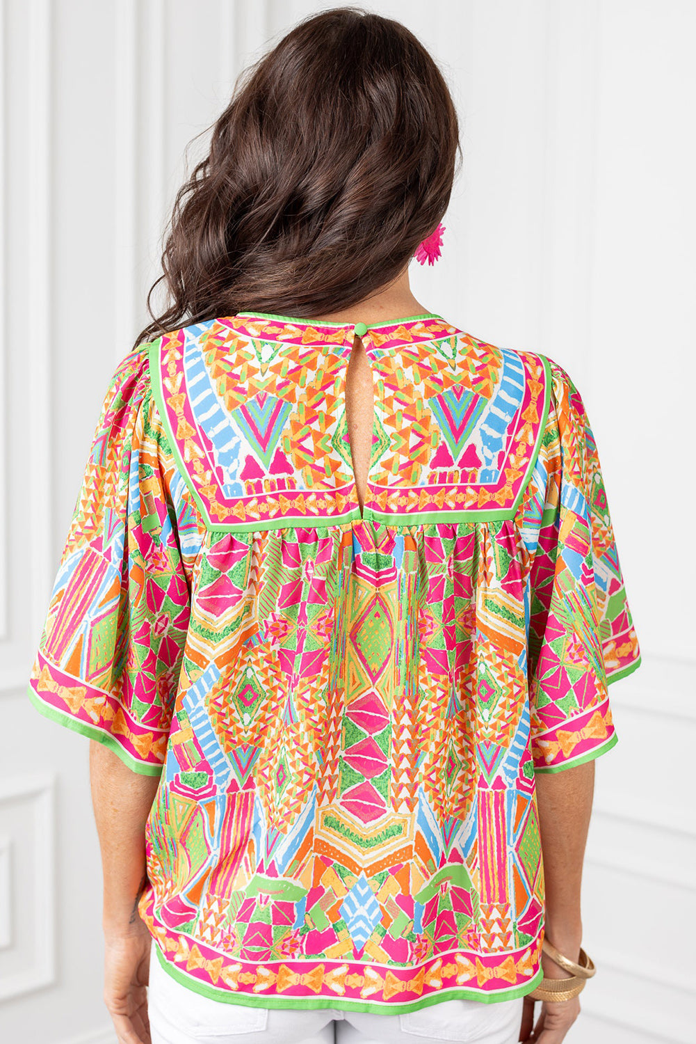 Orange Geometric Print Bell Sleeve Babydoll Blouse - Eloy Royal