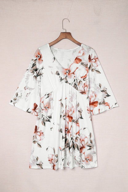 White Floral Print V Neck Flutter Half Sleeve Empire Waist Dress - Eloy Royal