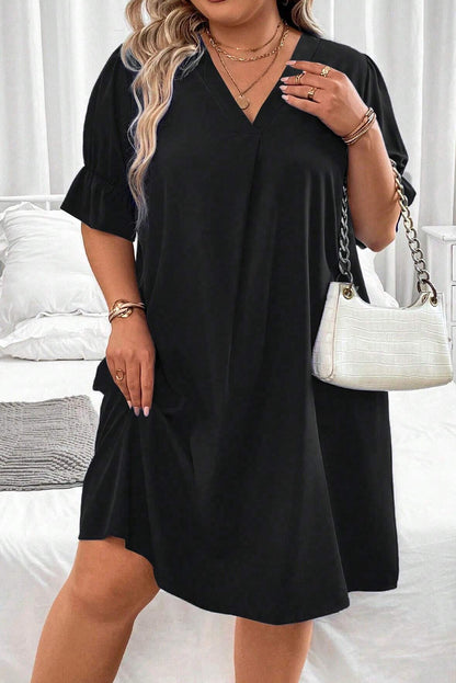 Black Ruffled Puff Sleeve V Neck Plus Size Mini Dress - Eloy Royal