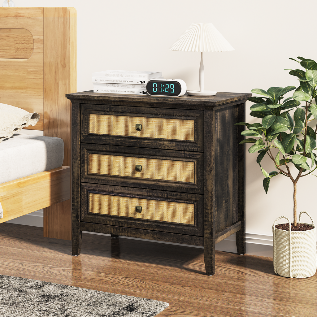 3 Drawer Dresser Rattan Dresser Wood Chest of Drawers Farmhouse Closet Dressers Modern Bedside Table Rustic Nightstand Storage Cabinet for Bedroom, Hallway, Living Room, Dark Rustic Oak
