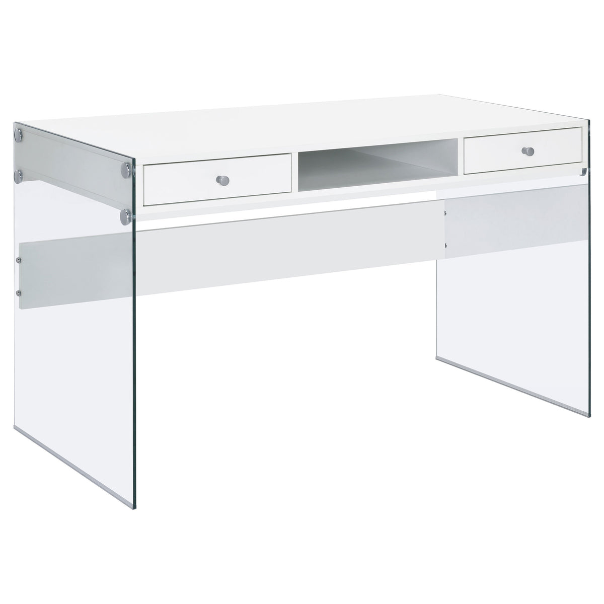Barretta White High Gloss 48-inch 2-drawer Writing Desk with Tempered Glass Panels, Engineered Wood Top, Chrome Knobs