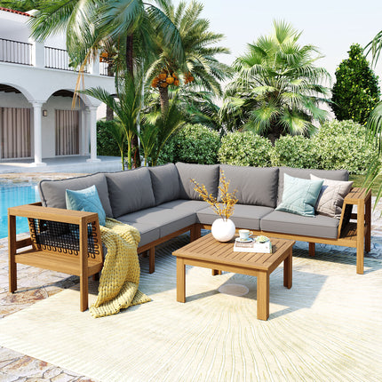 4 Pieces Outdoor Acacia Wood Sofa Set with L-Shaped Patio Furniture Sofa