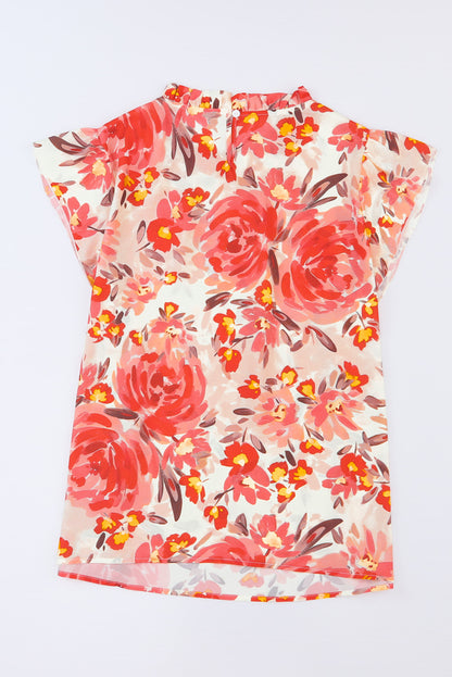 Red Plus Size Watercolor Floral Print Frill Neck Blouse - Eloy Royal