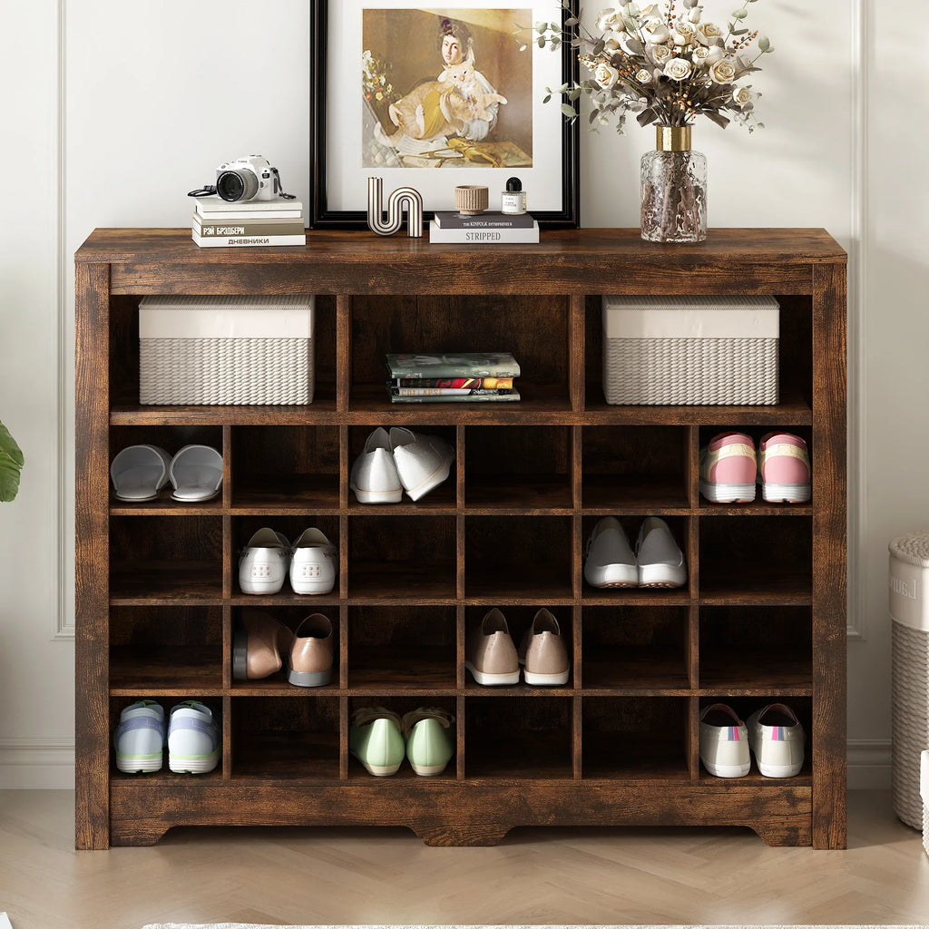 ON-TREND Sleek Design 24 Shoe Cubby Console, Modern Shoe Cabinet with Curved Base, Versatile Sideboard with High-quality for Hallway, Bedroom, Living Room, Rustic Brown - Eloy Royal