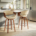 Curvini 26' Mid-Century Modern Fixed-Height Counter Stool with Swivel in Walnut Wood and Cream Fabric with Round Chrome Metal Footrest by LumiSource - Set of 2