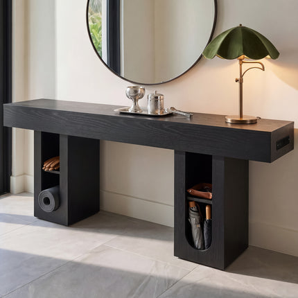 71 Inch Long Console Table with Outlet, Entryway Table with Storage Shelves, Thick Heavy Duty High Density MDF Farmhouse Sofa Table for Hallway Behind Couch,Living Room,Black