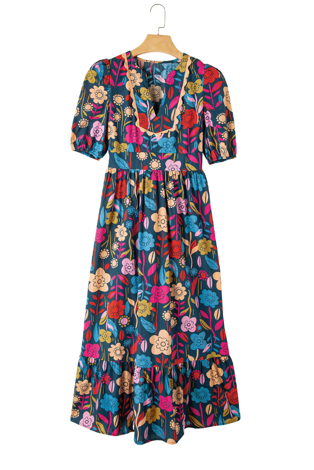 Green Floral Print Split V Neck Puff Sleeve Maxi Dress - Eloy Royal