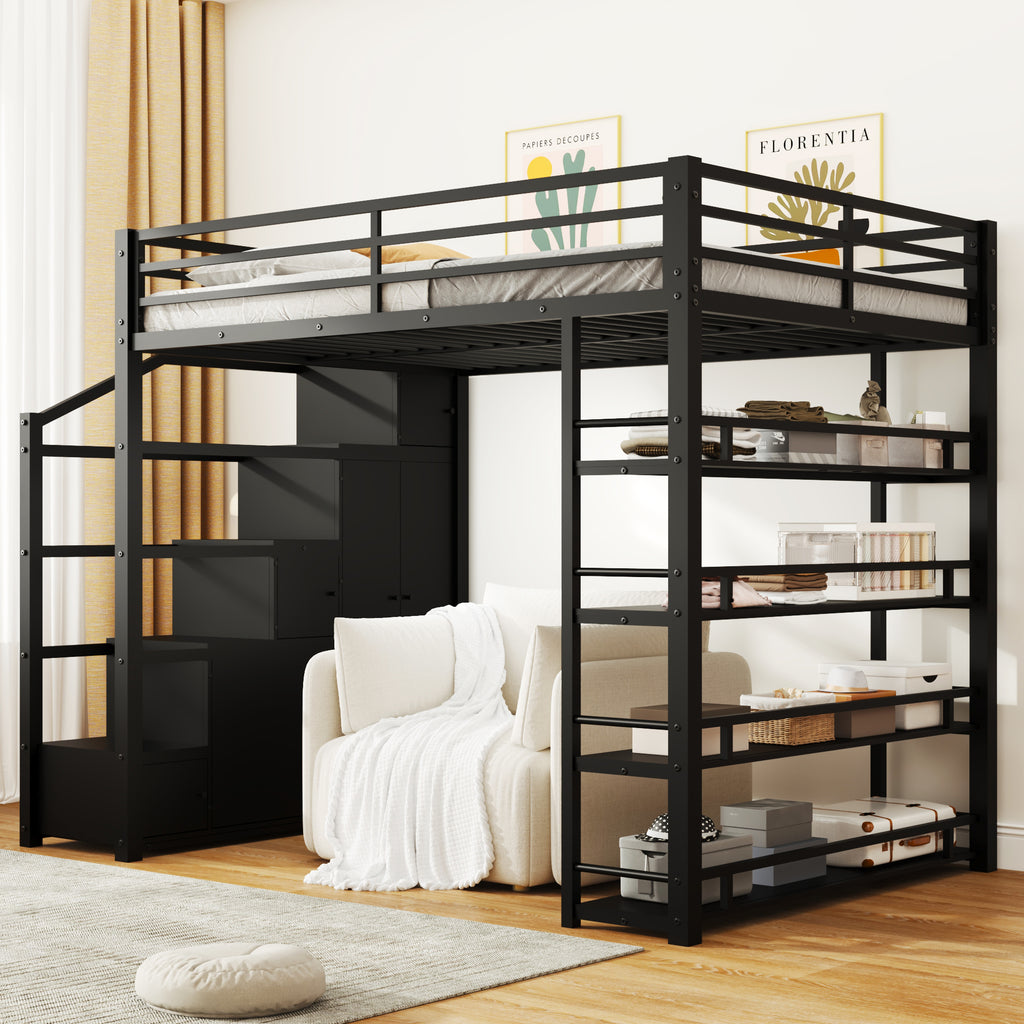 Full Size Metal Loft Bed with Storage Shelves, Cabinets and Wardrobe, Black