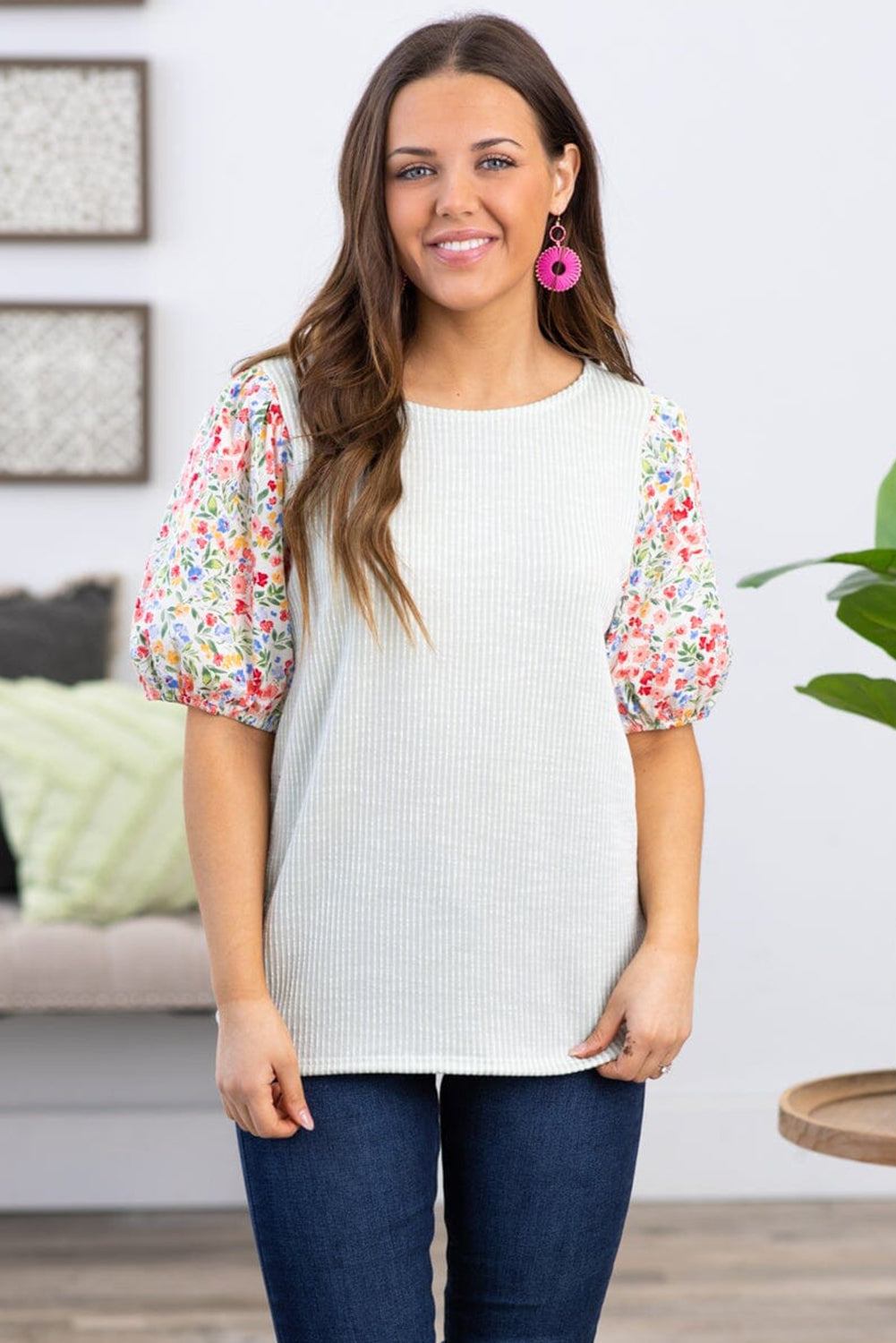 White Contrast Floral Puff Sleeve Ribbed Plus Size Blouse - Eloy Royal