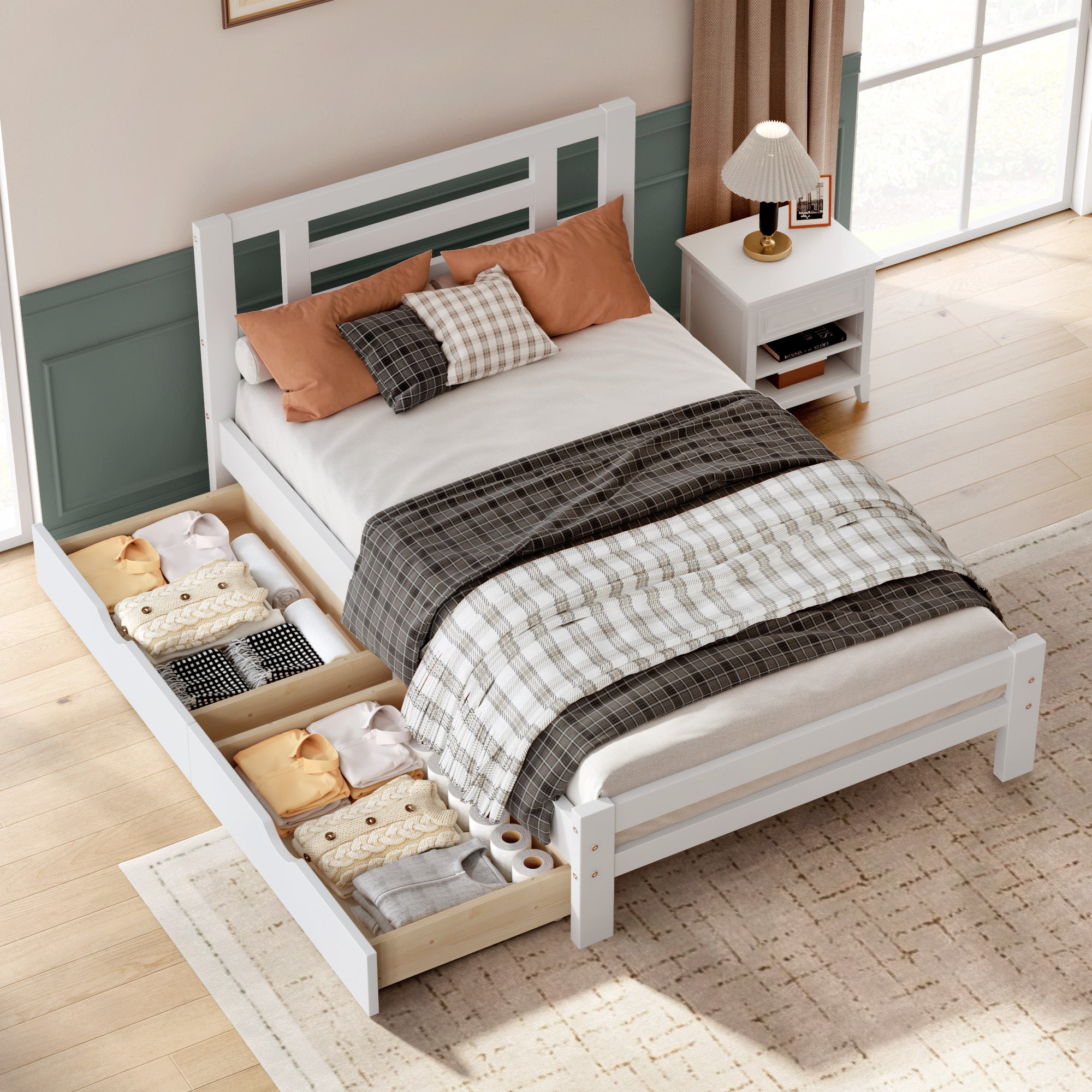Bed Frame with Headboard   Bed Frame with 2 Drawers, No Box Spring Needed, White