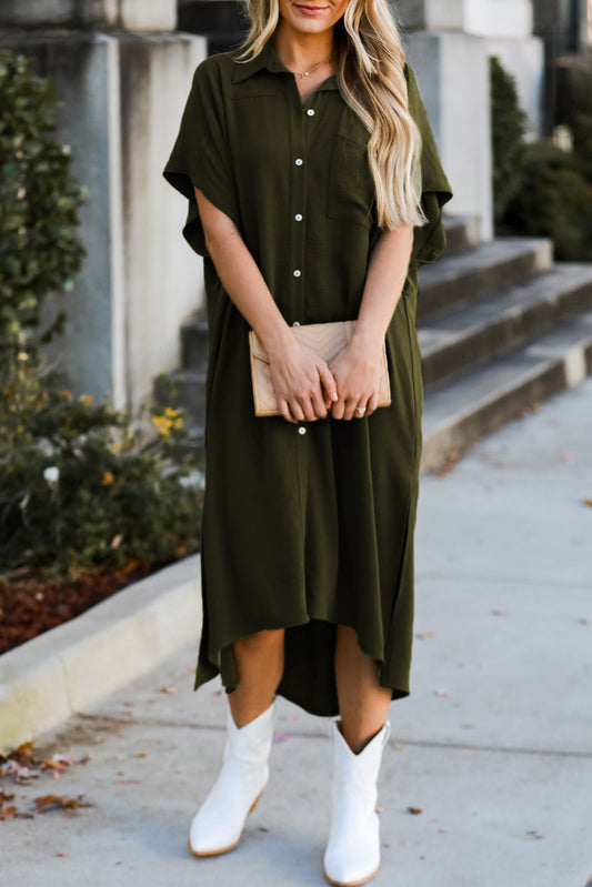 Jungle Green Loose High Low Side Slits Short Sleeve Shirt Dress - Eloy Royal