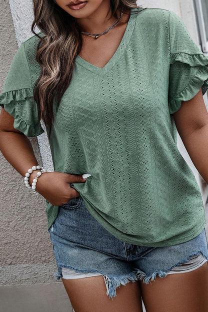 Laurel Green Petal Sleeve Jacquard V Neck Plus Size Blouse - Eloy Royal