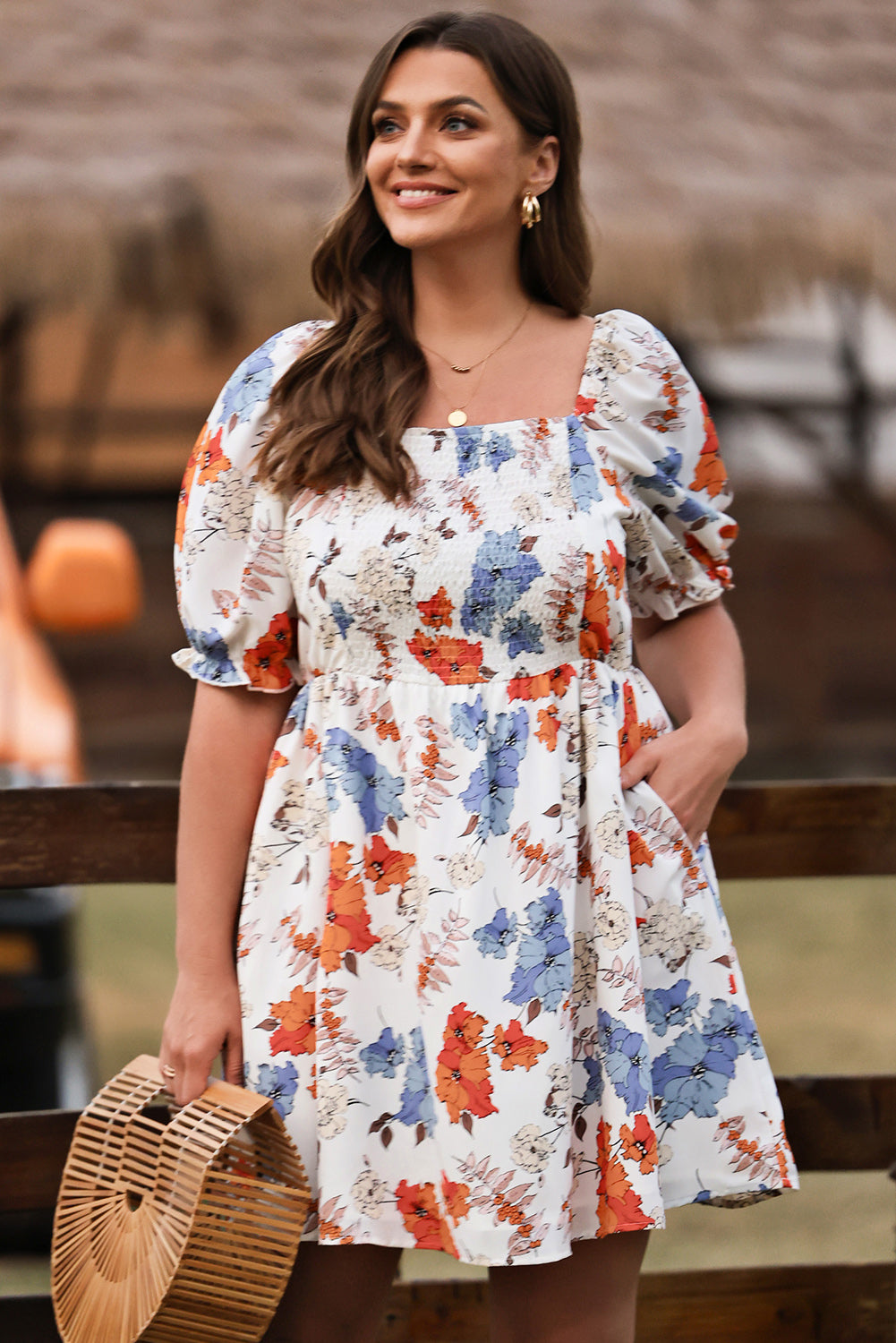 White Floral Smocked Flared Plus Size Dress - Eloy Royal