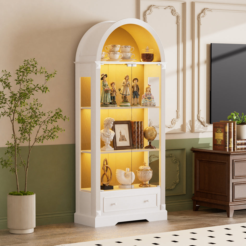 70.9'tall arched display cabinet,kitchen storage cabinet with glass doors,LED light strips, and drawers; modern farmhouse-style display cabinet suitable for the Living room, Kitchen,Dining room,White