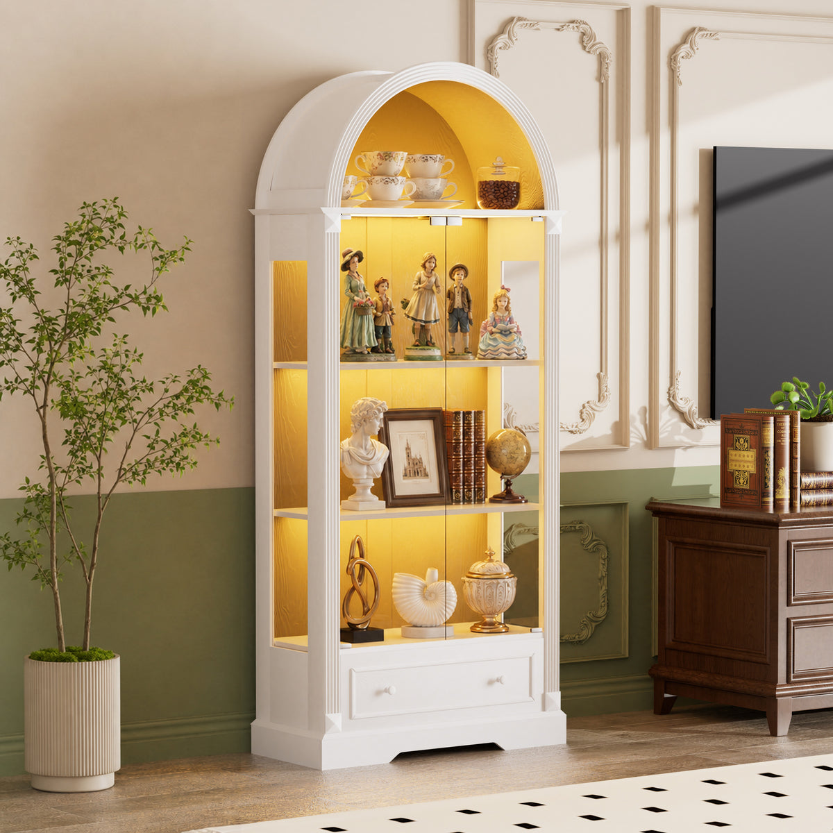 70.9'tall arched display cabinet,kitchen storage cabinet with glass doors,LED light strips, and drawers; modern farmhouse-style display cabinet suitable for the Living room, Kitchen,Dining room,White