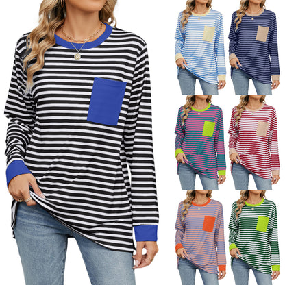 Women's Round Neck Pocket Split Upper Clothes Long Sleeves T-shirt