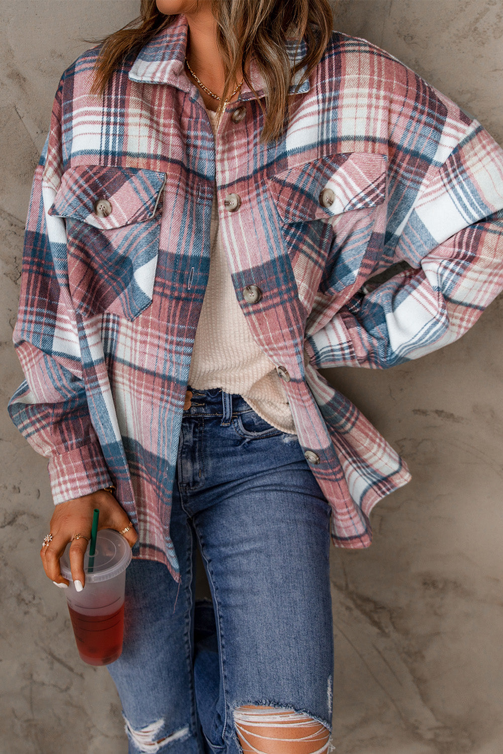 Pink & Grey Plaid Button Up Collared Flannel Shacket - Eloy Royal