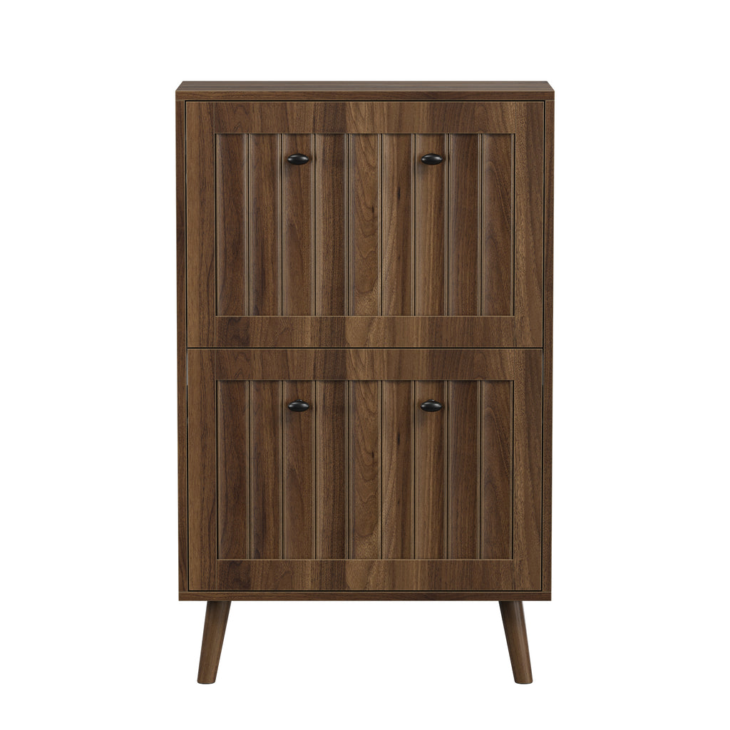 Mid-Century Modern Medieval-Style Shoe Cabinet, Walnut-Colored Upright Storage Unit with Vertical Grooved Finish, 23.6-Inch Tall, MDF and Solid Wood Construction