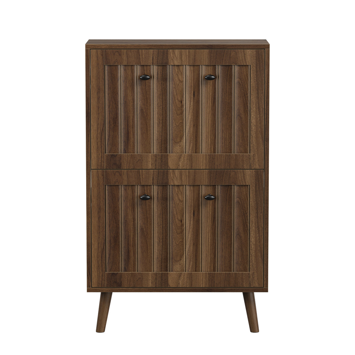 Mid-Century Modern Medieval-Style Shoe Cabinet, Walnut-Colored Upright Storage Unit with Vertical Grooved Finish, 23.6-Inch Tall, MDF and Solid Wood Construction