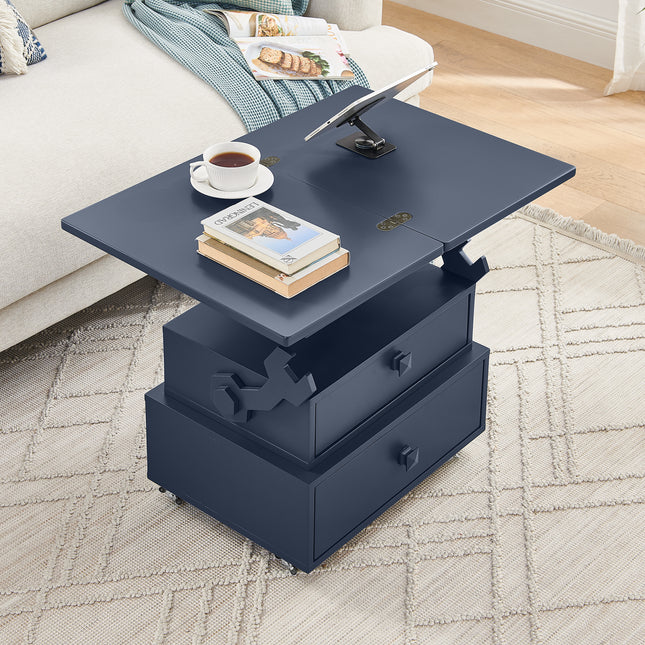 High-Gloss Lacquered Adjustable Height Rolling End Table with Charging Station&Universal Wheels with Brakes, Multi-functional Lift Top Table with Storage Drawers for Living Room Bedroom