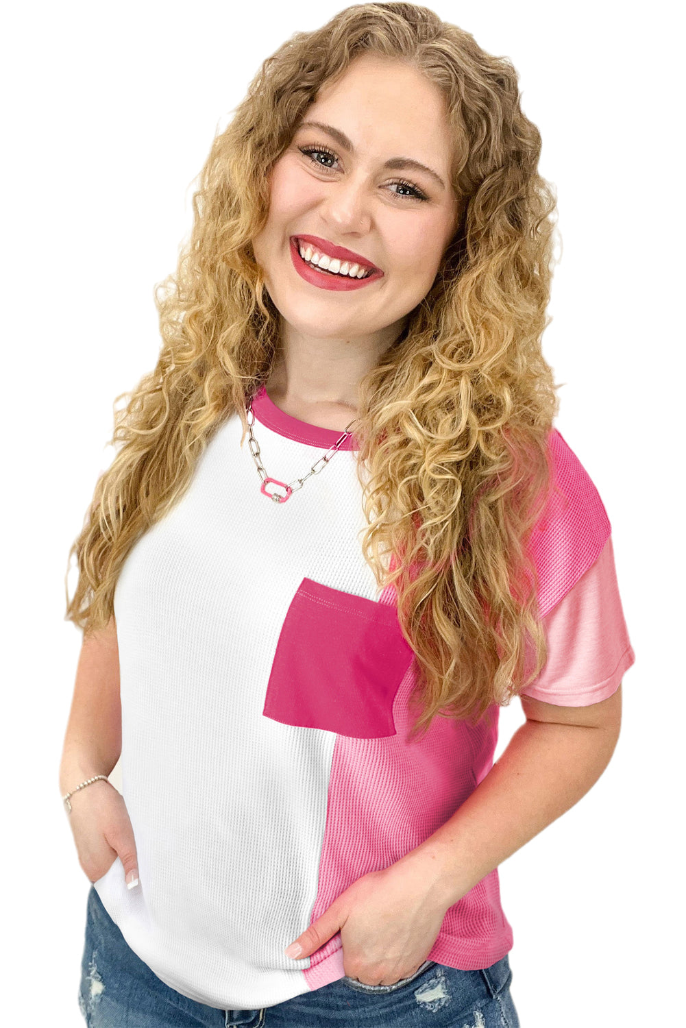 Peach Blossom Colorblock Patchwork Plus Size T Shirt - Eloy Royal