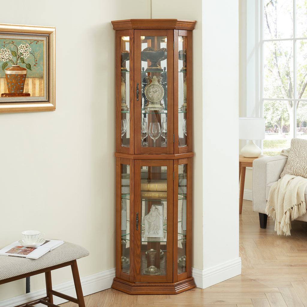 Corner Curio Cabinet Lighted Corner Display, Glass Display Shelf Shelving Bar cabinet with Tempered Glass Door, Bar Cabinet,Cabinet with Adjustable Shelf Glass Cabinet Shelves Bead Bulb Included OAK