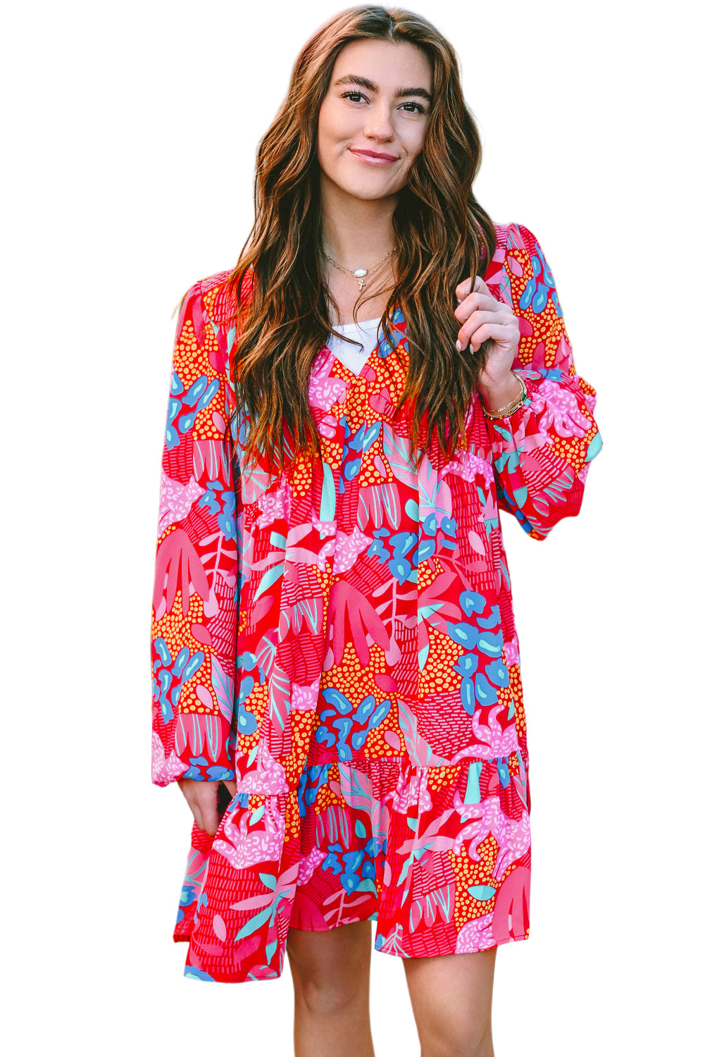 Rose V Neck Bubble Sleeve Boho Flower Flowy Dress - Eloy Royal