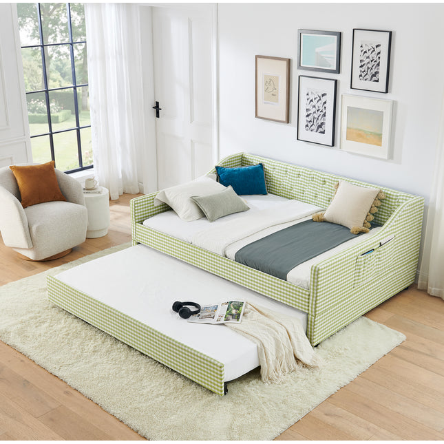 Full‑Size Daybed,Upholstered Convertible Daybed with Tufted Button Backrest, 3‑in‑1 Versatile Sofa Bed with Pull‑Out Trundle & Side Storage, Perfect for Compact Living-Green