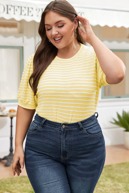 Yellow Stripe Short Puff Sleeve Plus Size Top - Eloy Royal