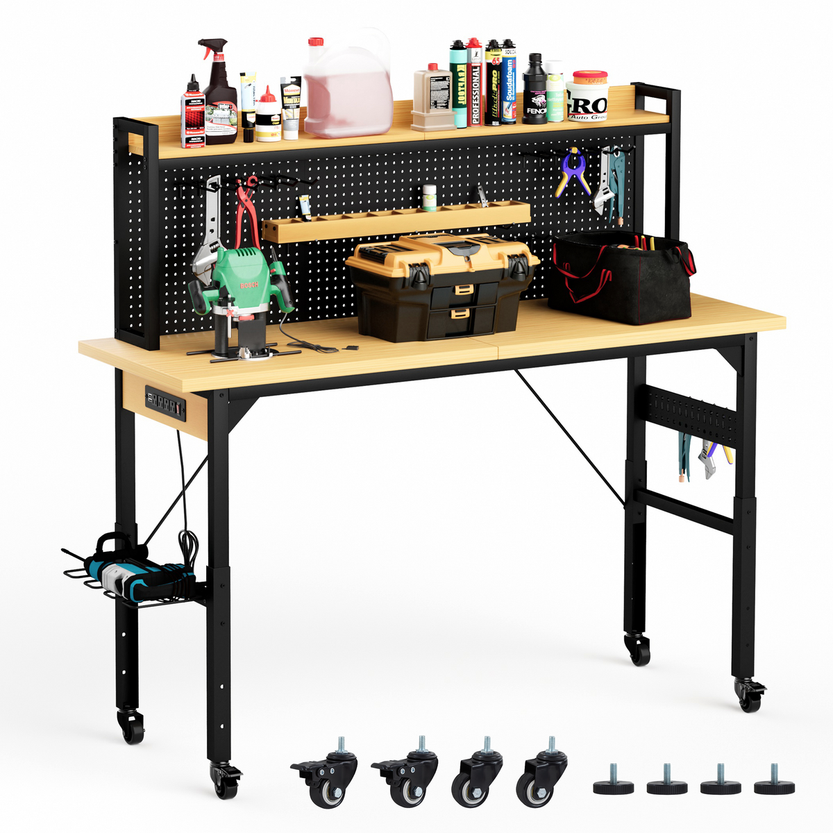 71''Adjustable Workbench with pegboard, Heavy Duty Wooden Desktop Workbench with Wheels, 1600 lb. Load Capacity, Rolling Workbench with AC/USB Outlet, Hooks, Shelf, for Garage, Workshop, Office, Home.