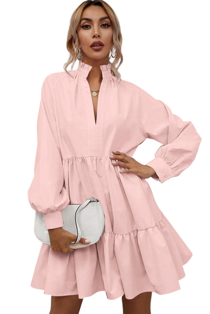 Pink Casual Stand V Neck Short Frill Dress - Eloy Royal