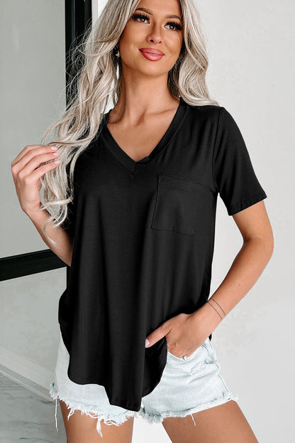 Black Solid Color V Neck Pocket Rounded Hem Tee - Eloy Royal