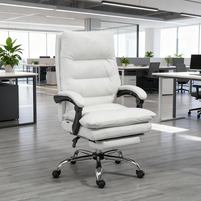 Microfibre Massage Office Chair, Heated Reclining Chair with Footrest,  Cream White